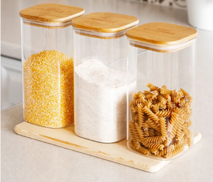 Chất lượng cao borosil nắp tre thủy tinh vuông gia vị Jar tay thổi thân thiện với môi kín nhà bếp lưu trữ thực phẩm container - Product Image 5