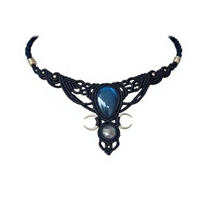 Collar con Colgante de Labradorita Negra Hecho a Mano, Amuleto de Luna con Cuentas Doradas, Ajustable, Unisex, Estilo Neo Gótico, HARI OM CREATIONS - Product Image 1