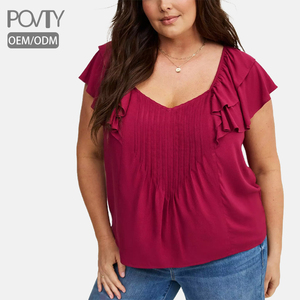 POVTY Women's Plus Size Summer <strong>Tops</strong> Custom Printed Design Buttery Soft V Neck Slub Short Flutter Sleeve Tunics <strong>Flowy</strong> Fit Casual - Product Image 1