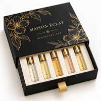Boîte d'emballage en carton rigide avec tiroir, motif floral et ruban de tirage pour coffret découverte de parfums personnalisés en gros avec logo, pour 5 flacons