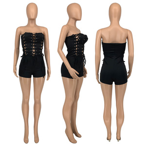 Combinaison moulante sans manches sexy à découpes couleur unie pour femme avec liens – Tendance - Product Image 6