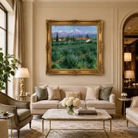 Pintura al Óleo de Casa de Campo en la Montaña Nevada, Arte de Pared con Marco Dorado de Paisaje Alpino para Decoración de Sala de Estar, Hotel, Villa o Cabaña