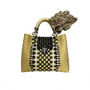 Handmade Woven Tote Bag Elegant Straw <b>Handbag</b> Pearl Handle Flower Accent Designer Beach Fashion Shoulder Bag For Women - Product Image 1