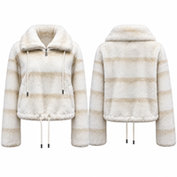 Veste Courte en Fourrure Blanche Rayée à Col Montant, Fermeture Éclair Avant, Ourlet à Cordon de Serrage, Coupe Ample et Oversize, Style Urbain Automne-Hiver (OEM)