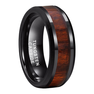 Bague de mariage pour homme en carbure de tungstène avec incrustation de bois, finition noire plaquée canon, design moderne - Product Image 1