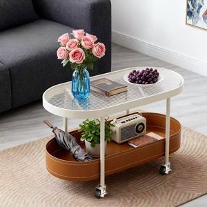 Mesa de Centro Ovalada con Cesta de Almacenamiento de Cuero, Mesa Auxiliar Móvil con Ruedas para Sala de Estar - Product Image 2