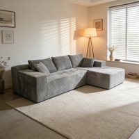 Canapé modulaire en velours côtelé vert olive à rayures verticales denses, trois places, en forme de L, avec ottoman assorti, moderne et naturel