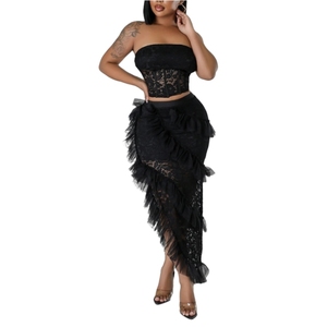 <b>Sexy</b> Sleeveless Lace Bustier Top With Irregular Half Skirt Solid Color Two-Piece <b>Set</b> for Women Fashion - Product Image 2