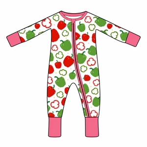 Romper Bayi Custom Print Grosir Bahan Bambu Viscose Spandex dengan Ritsleting Dua Arah Model Bell Pepper untuk Tidur - Product Image 1