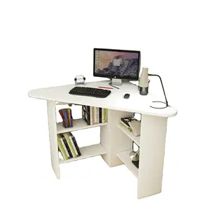 Gredos Corner Desk Wooden Triangle Computer Desk Study Table Writing Desk with Shelves for Corner Use in Home Office - White