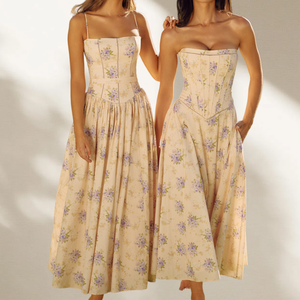 Women's Vintage Purple Floral Corset Midi Dress <b>Spaghetti</b> <b>Strap</b> & Strapless 2-Way Fit-and-Flare Sundress Maxi Floral Dress - Product Image 1