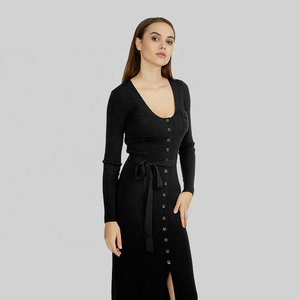 KD Custom Knit maglione produttore collo basso donna doppio petto cintura nera <span class=keywords><strong>abito</strong></span> manica signore aderente Midi maglione vestito - Product Image 3