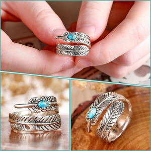 Anello T0124 con piuma, in argento, con turchese ovale incastonato, regalo unisex, anelli alla moda - Product Image 5