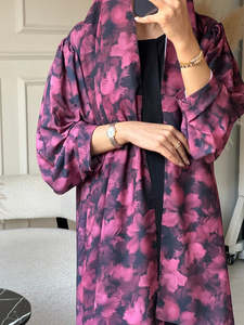 Vestido Largo Modesto con Estampado Floral Color Frambuesa Personalizado de Leduo, Abaya con Puños Fruncidos para Musulmanas - Product Image 2