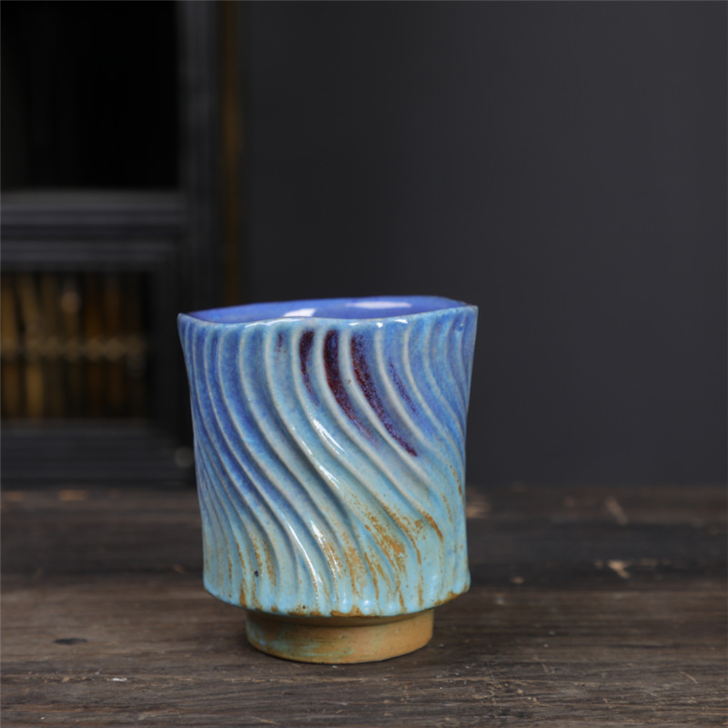 Taza de té redonda con borde lineal, 150 ml - Azul degradado