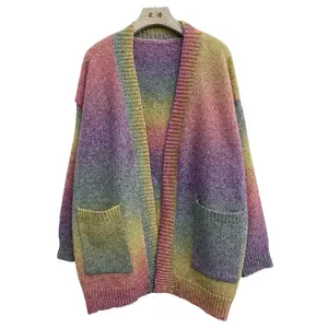 Cárdigan Oversize de <span class=keywords><strong>Mujer</strong></span> con Cuello en V, Diseño Abierto, Degradado Arcoíris y Teñido Espacial, Estilo Chunky Candy, Rayas, Venta al por Mayor - Product Image 1