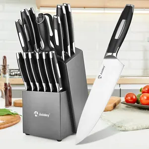 Professional Stainless Steel Knives with Black ABS Handle 15 PCS Kitchen Knife Set with Wooden Block Honing Steel and Shears