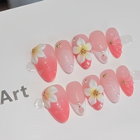 Ongles artificiels faits à la main à pression, forme amande, couvrance totale, motif floral rose glacé, modèle C674