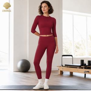 Set Yoga Donna: Leggings Modellanti e Top Corto a Maniche Lunghe, Vita Alta, Elasticizzato in Quattro Direzioni - Abbigliamento Sportivo Produttore Fornitore - Product Image 6