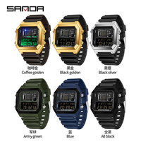SANDA 6216 Jam Tangan Elektronik Mewah Pria Kronograf Persegi Tanggal 5BAR Tahan Air Tali Silikon Tampilan Digital MIYOTA