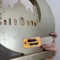 Lampe de table LED en bois de 30 cm, style musulman, croissant de lune, mosquée