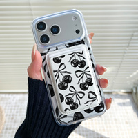 Elegante Tarjetero Magnético de Cuero PU Color Cereza Negro para Samsung iPhone, Funda Universal para Teléfono con Ranuras para Tarjetas