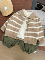 Cardigan tricoté unisexe pour enfants, col rabattu, rayé, simple boutonnage, manches longues, pull pour bébé, collection printemps-automne