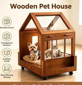 House Shaped Wooden Pet Crate Furniture Wheeled Indoor Cat <b>Dog</b> Bed with Clear View Roof Decorative Pet Kennel for Living Room - Product Image 1