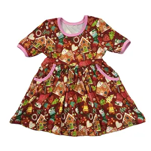 QL2021 Groothandel Nieuwe Stijl Baby Japon Shortsleeve Jurk Kerst Gingersnap Printing Party Pocket Jurk