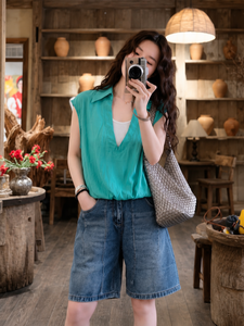 Chemise d'été sans manches A619 avec détails en tricot – Tissu doux et frais en mélange de soie, col ample, coupe décontractée, printemps-été - Product Image 5