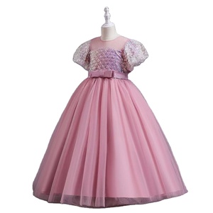 2024 abito da sera da ragazza estivo da 1 a 14 anni con scollo rotondo con maniche a bolle di paillettes rosa vestito da principessa adatto per bambini - Product Image 4