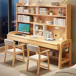 Solid Wood Double <b>Desk</b> 160x60x190cm Integrated Bookshelf <b>Study</b> <b>Desk</b> For Students Home Use - Product Image 3