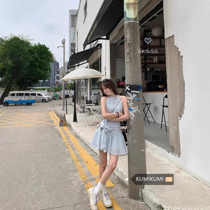 French Style Halter Neck Sleeveless Blue Dress A Line Skirt With Bow Tie Casual Daily Wear Solid Color Polyester - Product Image 2