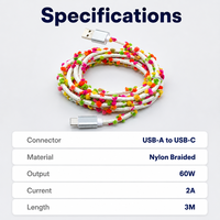 Kabel USB-C Togudu T-143 2A Pengisian Cepat, Kabel Charger Tipe-C Berbahan Katun Kepang Warna Pom-pom, Sinkronisasi Data 80Mbps, Aluminium Alloy Murni