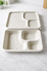 ถาดอาหารแบกาสสีขาวรักษ์โลก 3 ช่อง พร้อมฝาปิด สำหรับส่งอาหาร จัดเลี้ยง ภาชนะใช้แล้วทิ้ง และบรรจุภัณฑ์ที่ยั่งยืน - Product Image 4