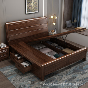 Lit de rangement en bois massif 1,2 m, simple, en noyer, gain de place pour chambre à coucher, adapté aux adultes et aux personnes âgées - Product Image 2