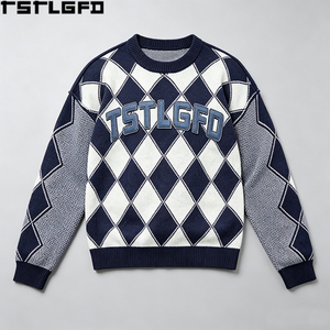 Pull tricoté Argyle coupé-cousu, épais, brodé, style universitaire, bleu marine et blanc, rétro, vente en gros - Product Image 1