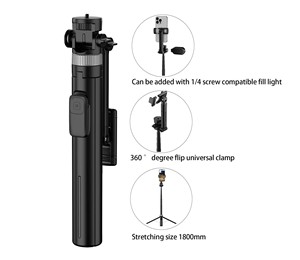 X60 điện thoại di động Selfie Stick 1.8 mét hỗ trợ trực tiếp hạt 1/4 giao diện ngoại vi giữ điện thoại di động ổn định chân máy màu đen đơn sắc - Product Image 1