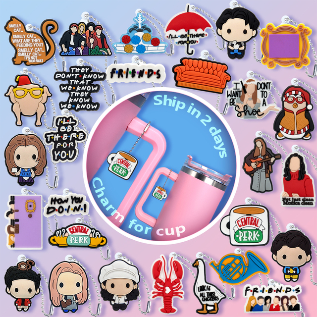 New Trend Wholesale Reusable Cartoon Friend Character Mug Charms with Chain Funny Tumbler Cup Accessories Pendants Hanging Decor