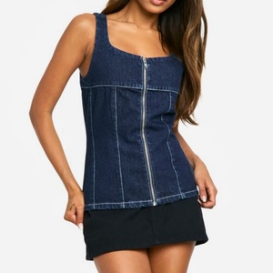 Nouvel Arrivage – Top Corset en Jean pour Femme, Délavage Foncé, Détails de Couture, Fermeture Éclair Avant, Sans Manches, Coupe Ajustée - Product Image 1