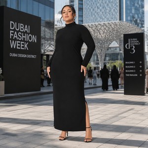 Robe longue maxi moderne Abaya à col montant en crêpe 240 GSM, manches longues, fente latérale, grande taille, OEM Émirats Arabes Unis 1X-5X - Product Image 4
