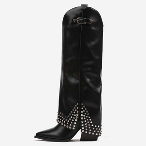 Women Metal Studs <b>Knee</b> <b>High</b> Boots Cowboy Overlay Long Booties Ladies Western Style Chunky Wedge Heels Suede Pants Shoes - Product Image 1