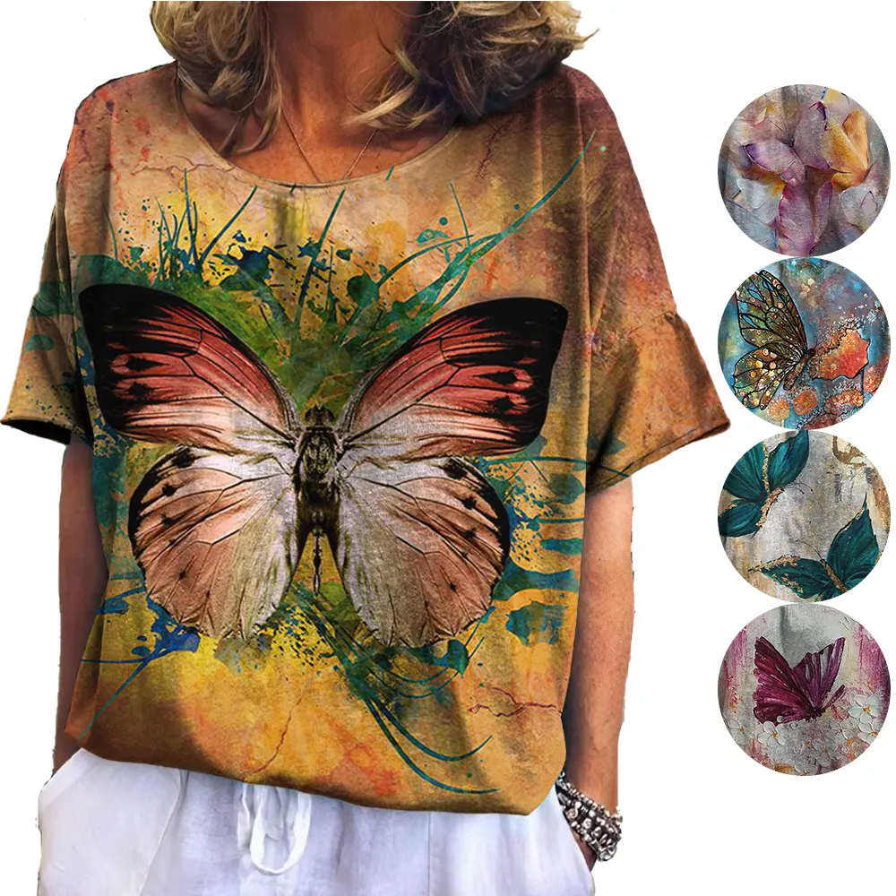 Fashion Woman Blouses Summer Butterfly Print Short Sleeve Tops Female T-shirt 5xl Oversized T Shirt For Women Clothing