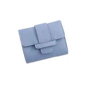 กระเป๋าสตางค์หนัง PU สั้นมินิกระเป๋าสตางค์พับสามทบหัวเข็มขัดกระเป๋าใส่บัตรกระเป๋าสตางค์แฟชั่นหรูหราสำหรับผู้หญิง