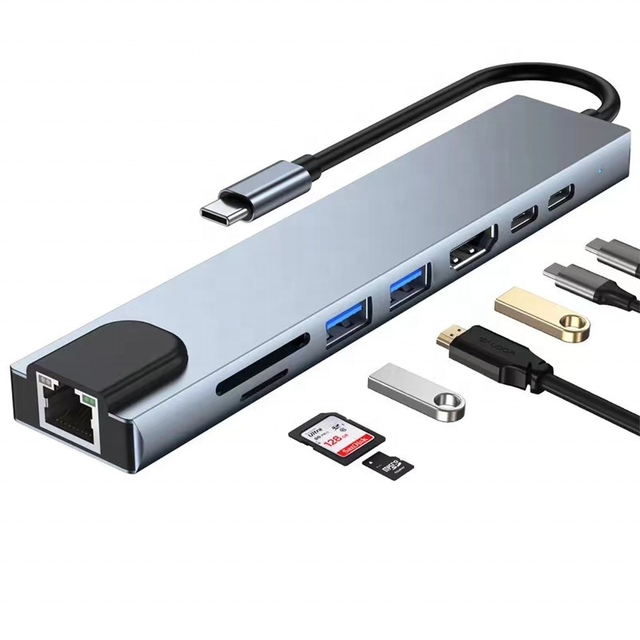 High Quality 8 in 1 Type-C Hub Multiport Dock Station with 4K HD I USB3.0 RJ45 SD TF USB-C PD Charging Adapter