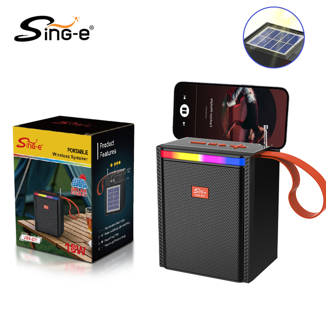 SING-E ZQS-831Solar Powered BT Speaker W/ RGB Lights Phone Holder & USB/TF Play Factory Direct, in Stock for Camping & Parties