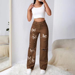 Jeans personnalisés à imprimé papillon délavé pour femmes, pantalon en denim déchiré pour femmes - Product Image 4