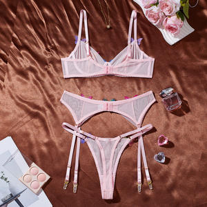 Franse stijl meisjes bh en slip van roze mesh, transparant, dun lingerie set met kousenband, 3-delig lingerie set, sexy damesondergoed - Product Image 6