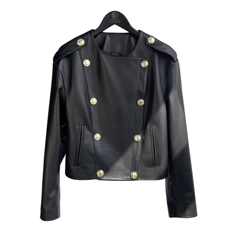2156 Elegant Motorcycle Style Double Breasted Genuine Leather Sheepskin O-neck Short Jacker for Women