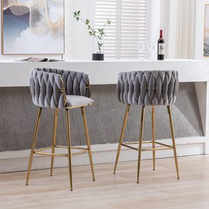 Màu be nhung trang trí nhà bếp cao quay đảo Ghế <span class=keywords><strong>Bar</strong></span> phân với bọc vải tựa lưng và chân kim loại vàng - Product Image 3